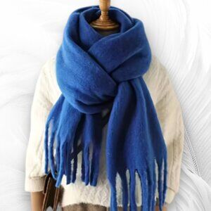 Soft Blue Oversized Winter Scarf With Fringe – Cozy Blanket Shawl Wrap